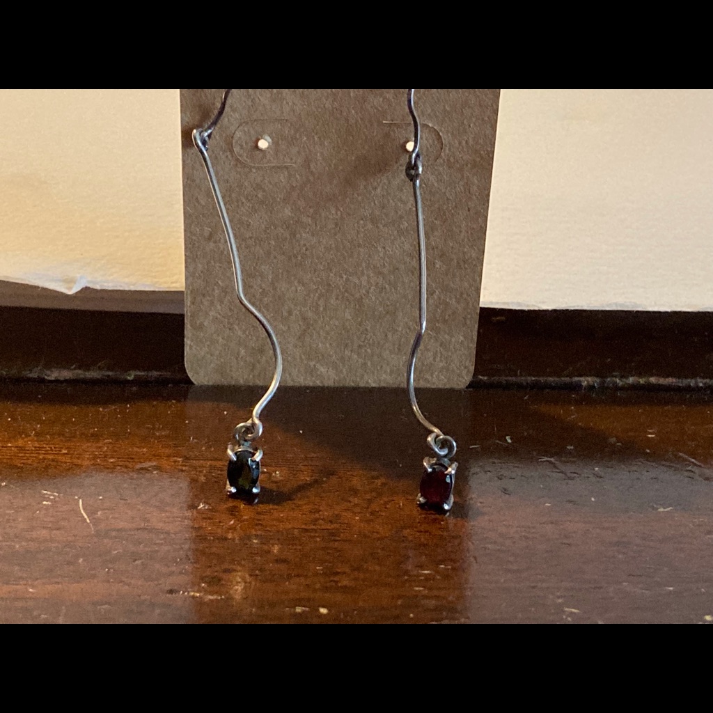 Squiggly Dangle Earrings. One Stone Is Green One Is Red. Unique